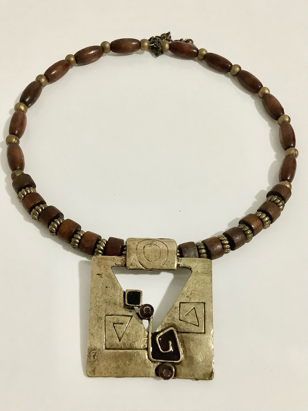 💝 3 For $50 Vintage Wood Bead Necklace w/ Boho Modernist Brutalist Pewter Metal